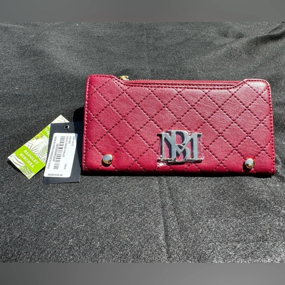 Badgley Miscka Red Vegan Leather Cards Holder Insert Wallet Gold Logo Zipper NWT